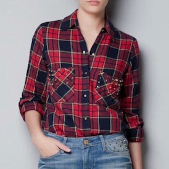 Zara Tops - ZARA Women’s Gold Collection Plaid Flannel Shirt with Studded Front Pockets